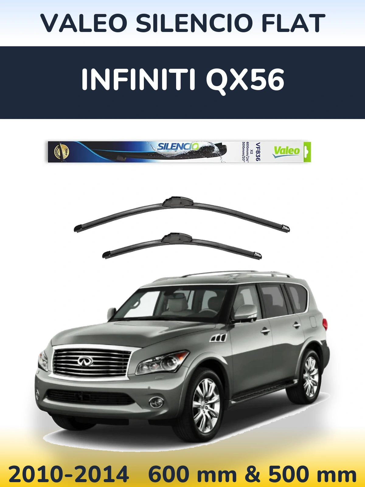 Front wiper blade set Valeo Silencio Flat 600 & 500 mm for Infiniti QX56 2010-2014
