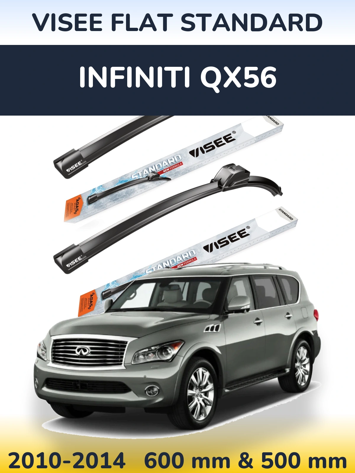 Front wiper blade set VISEE FLAT STANDARD 600 & 500 mm for Infiniti QX56 2010-2014