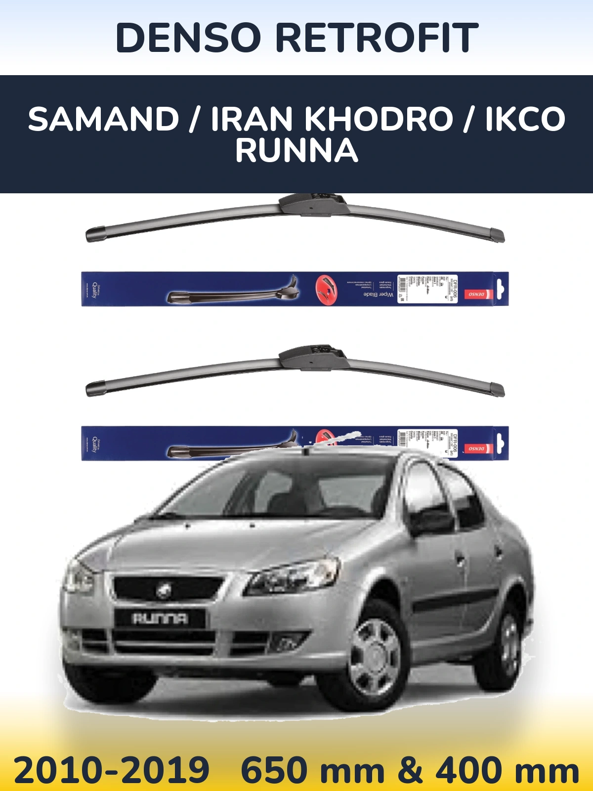Front wiper blade set Denso Retrofit 650 & 400 mm for Samand / Iran Khodro / IKCO Runna 2010-2019
