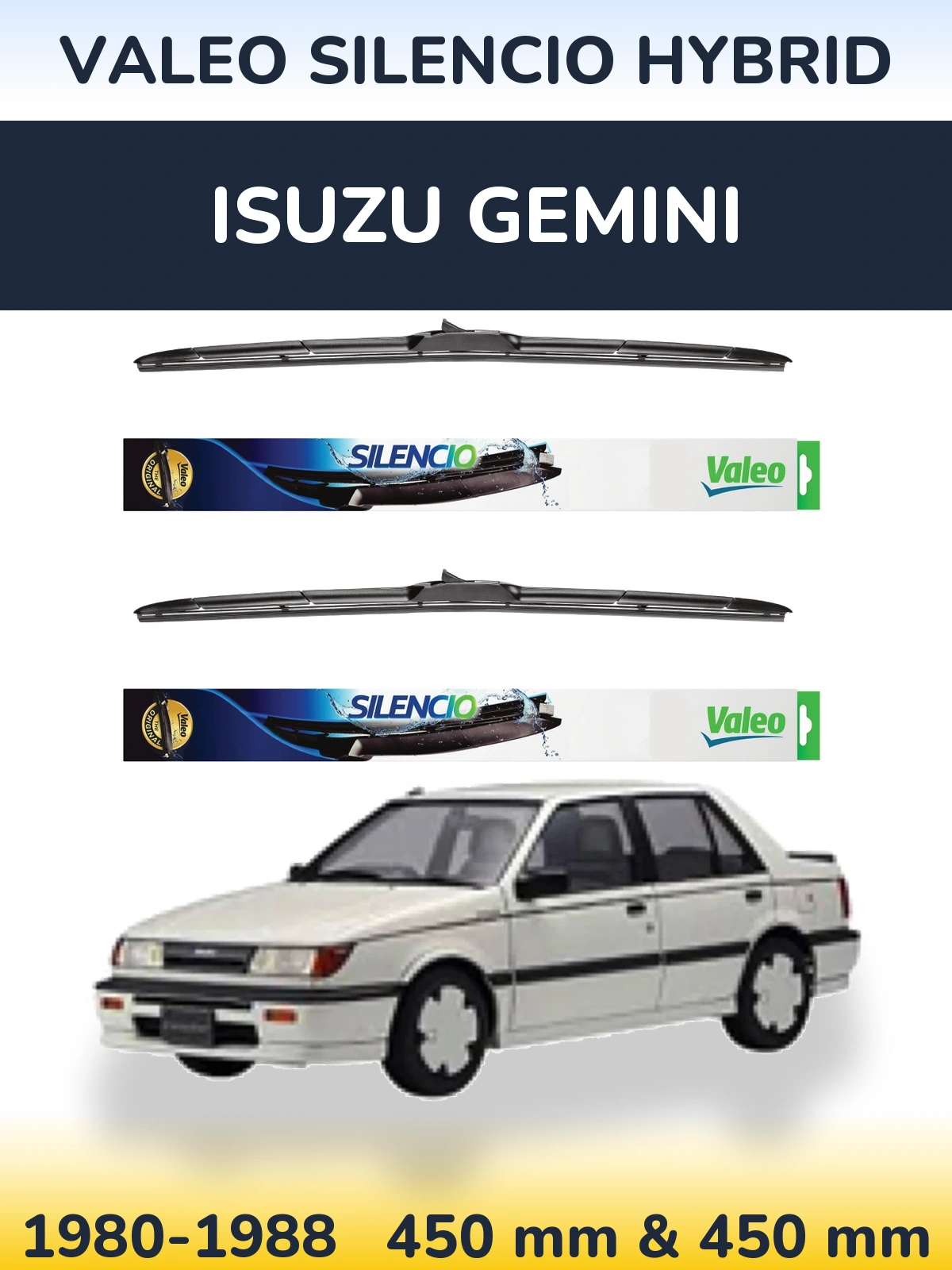 Front wiper blade set Valeo Silencio Hybrid 450 & 450 mm for Isuzu Gemini 1980-1988