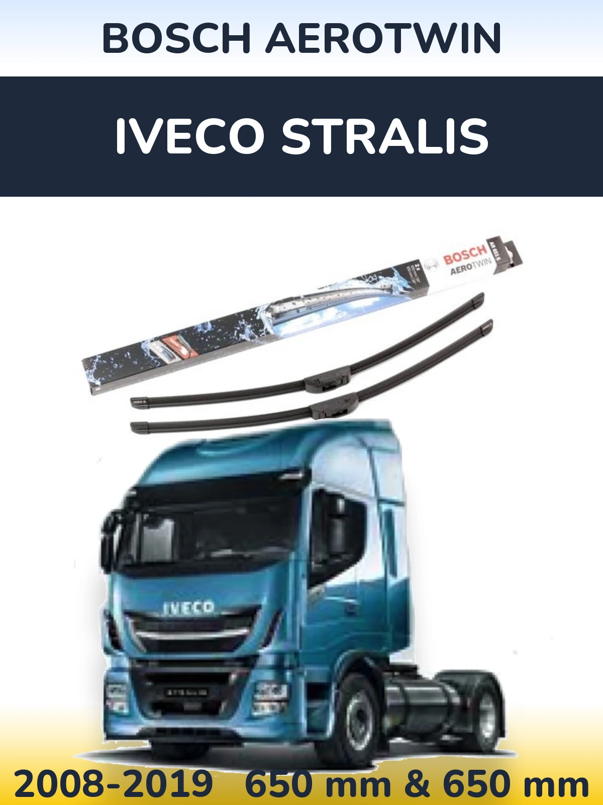 Front wiper blade set BOSCH AeroTwin 650 & 650 mm for Iveco Stralis 2008-2019