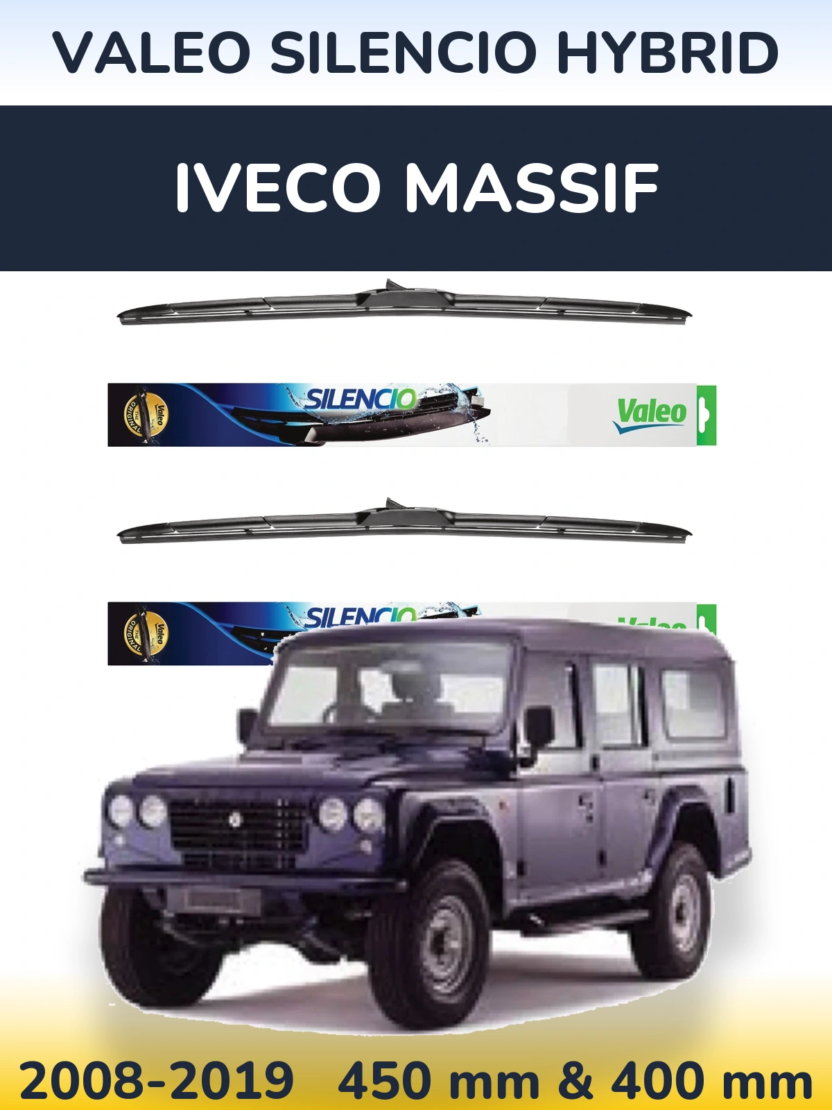 Front wiper blade set Valeo Silencio Hybrid 450 & 400 mm for Iveco Massif 2008-2019