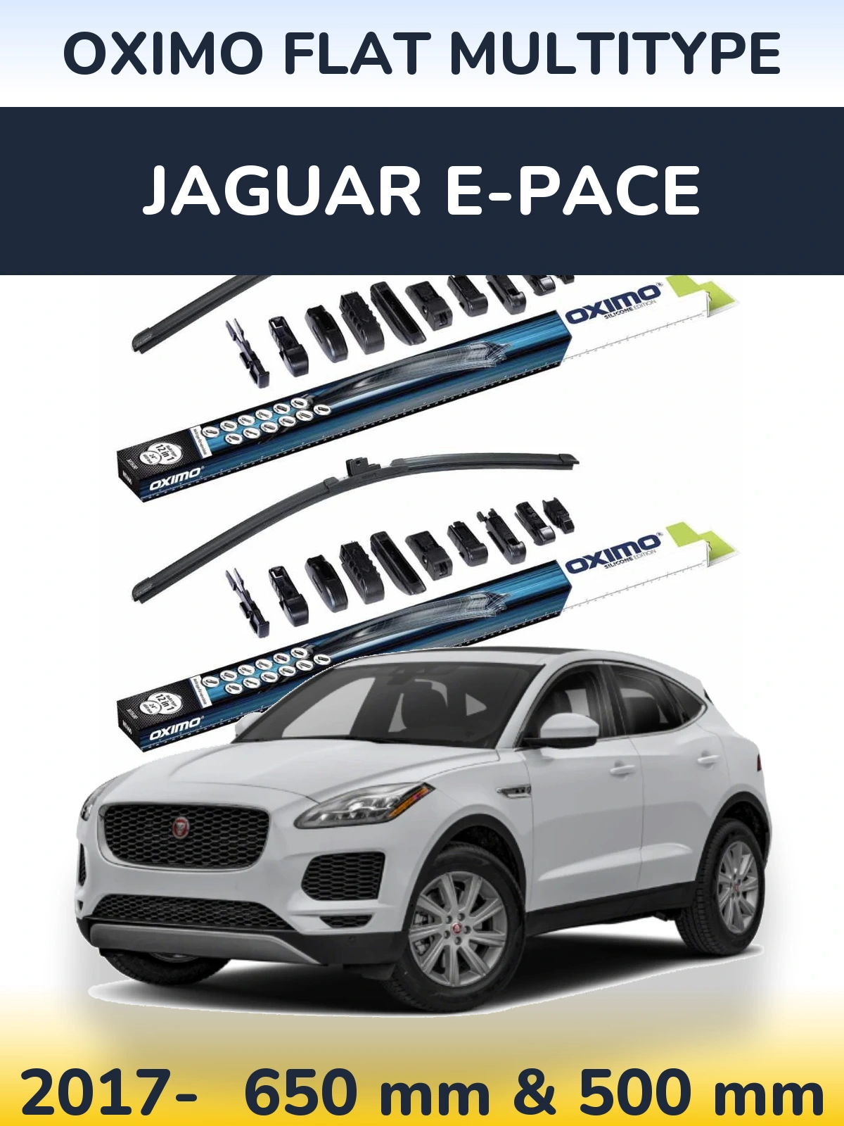 Front wiper blade set Oximo Flat MultiTypee 650 & 500 mm for Jaguar E-Pace 2017-2026