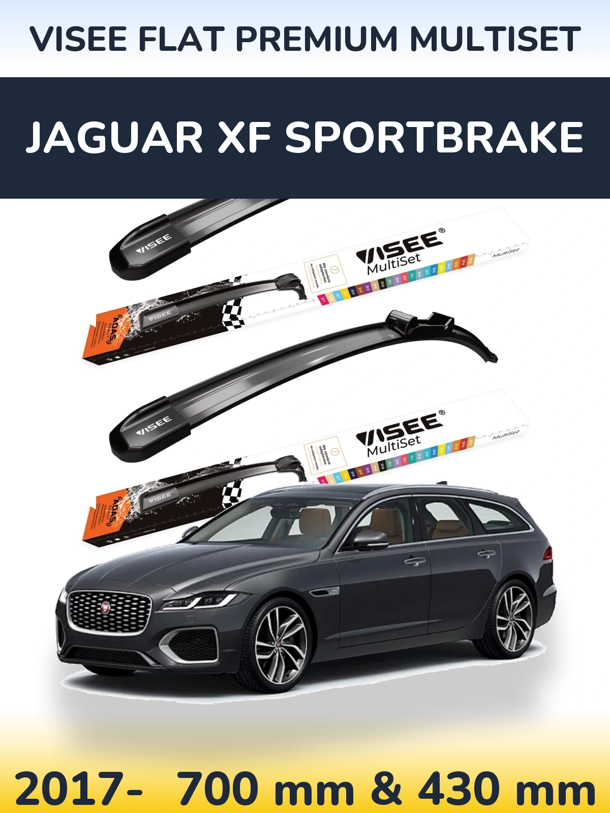 Front wiper blade set VISEE FLAT PREMIUM MultiSet 700 & 430 mm for Jaguar XF Sportbrake 2017-2026