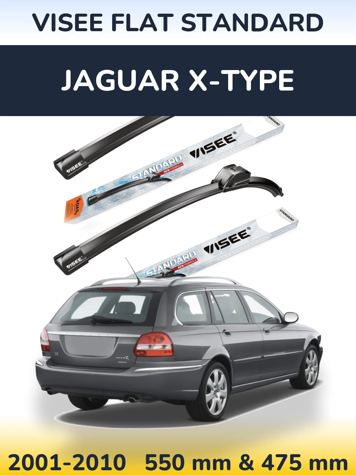Front wiper blade set VISEE FLAT STANDARD 550 & 475 mm for Jaguar X-Typee 2001-2010