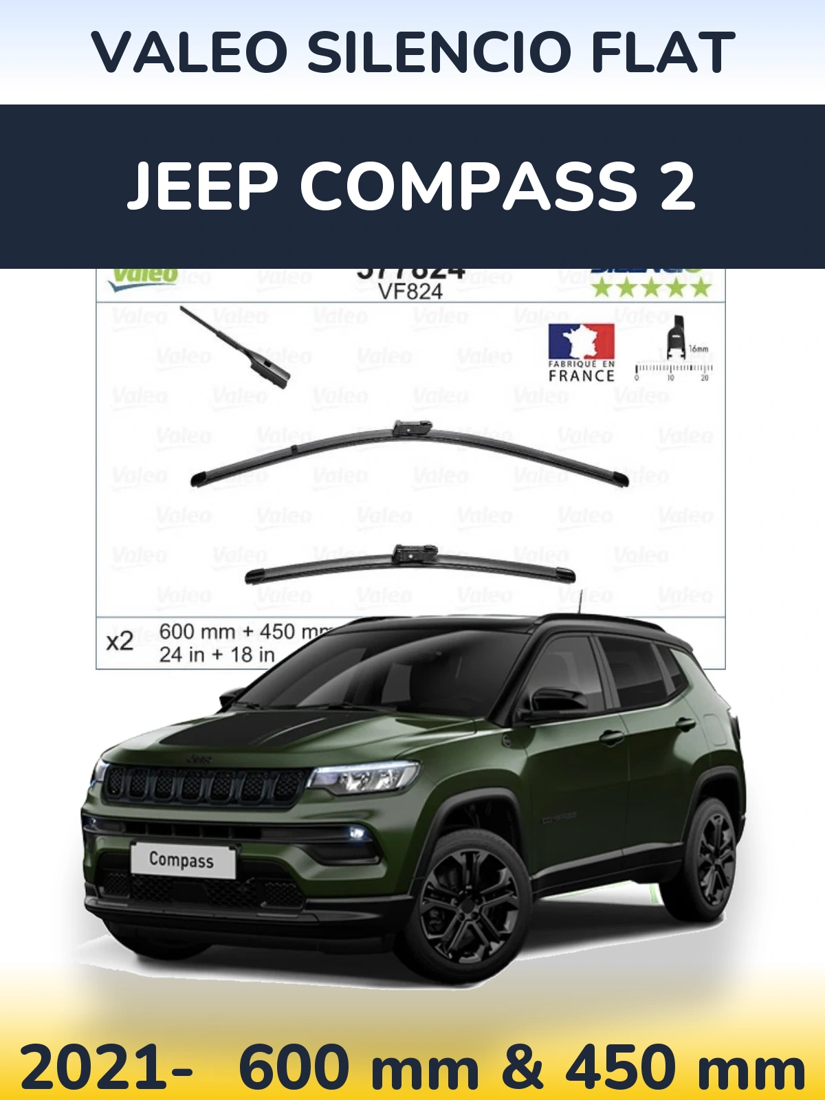 Front wiper blade set Valeo Silencio Flat 600 & 450 mm for Jeep Compass 2 2021-2026