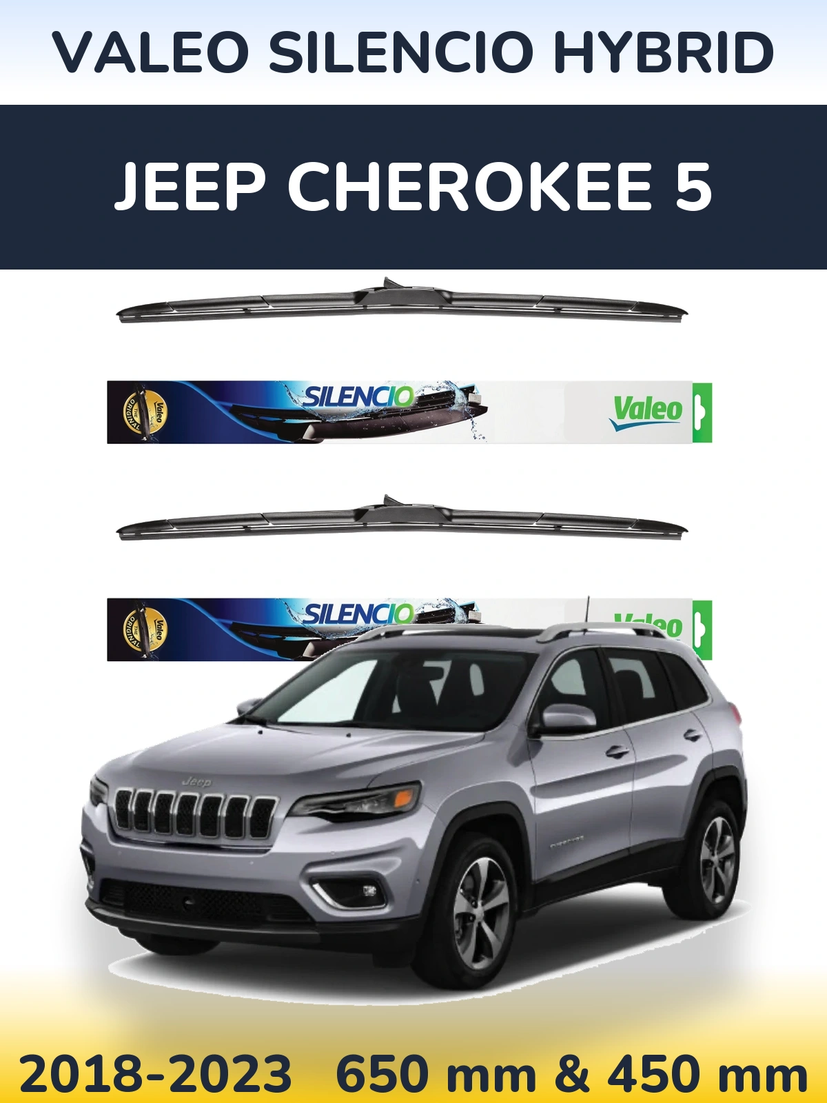 Front wiper blade set Valeo Silencio Hybrid 650 & 450 mm for Jeep Cherokee 5 2018-2023