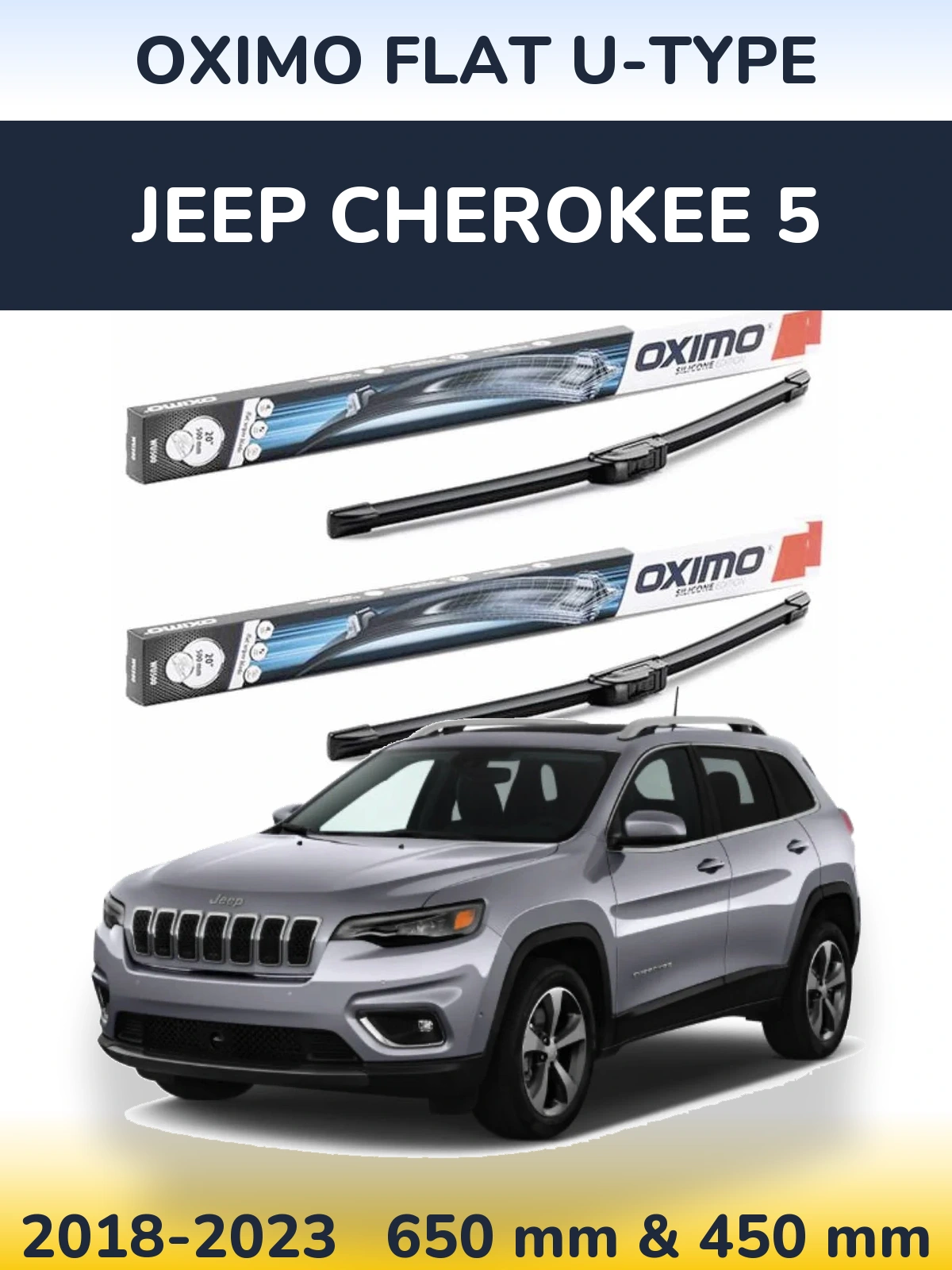 Front wiper blade set Oximo Flat U-type 650 & 450 mm for Jeep Cherokee 5 2018-2023