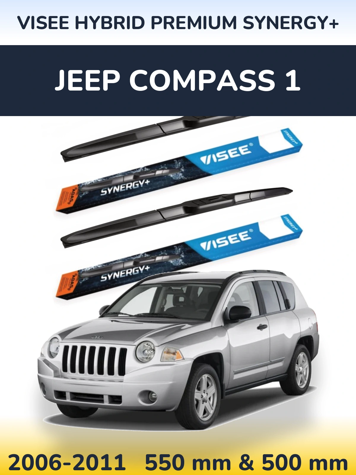 Front wiper blade set VISEE HYBRID PREMIUM SYNERGY+ 550 & 500 mm for Jeep Compass 1 2006-2011