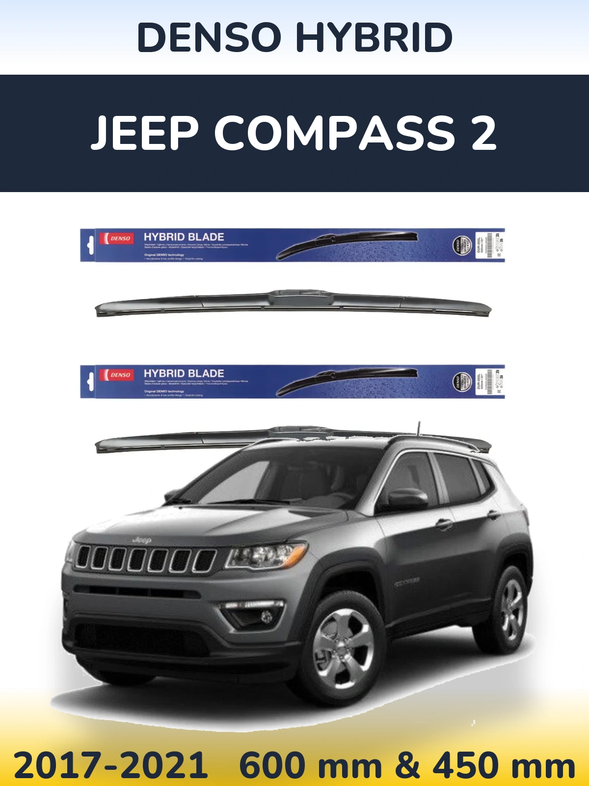 Front wiper blade set Denso Hybrid 600 & 450 mm for Jeep Compass 2 2017-2021
