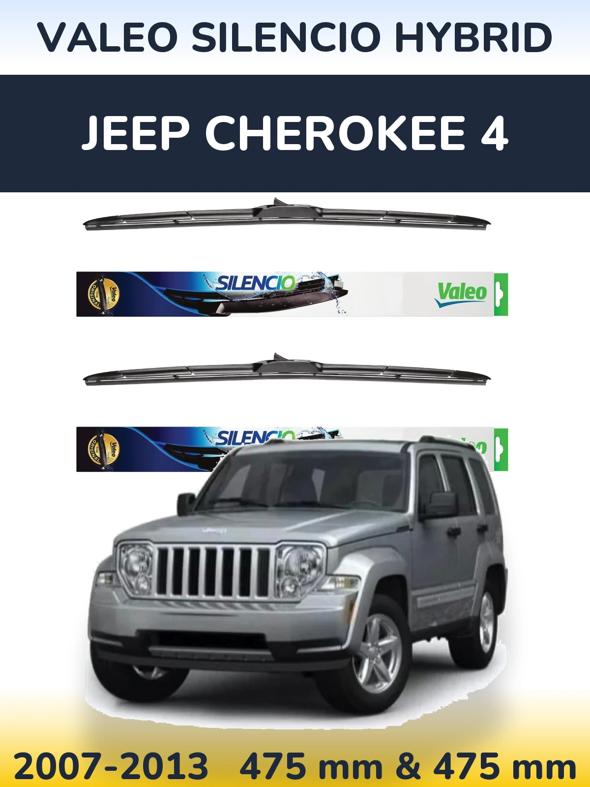 Front wiper blade set Valeo Silencio Hybrid 475 & 475 mm for Jeep Cherokee 4 2007-2013