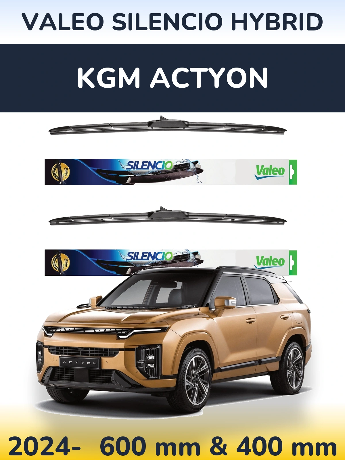 Front wiper blade set Valeo Silencio Hybrid 600 & 400 mm for KGM Actyon 2024-2026