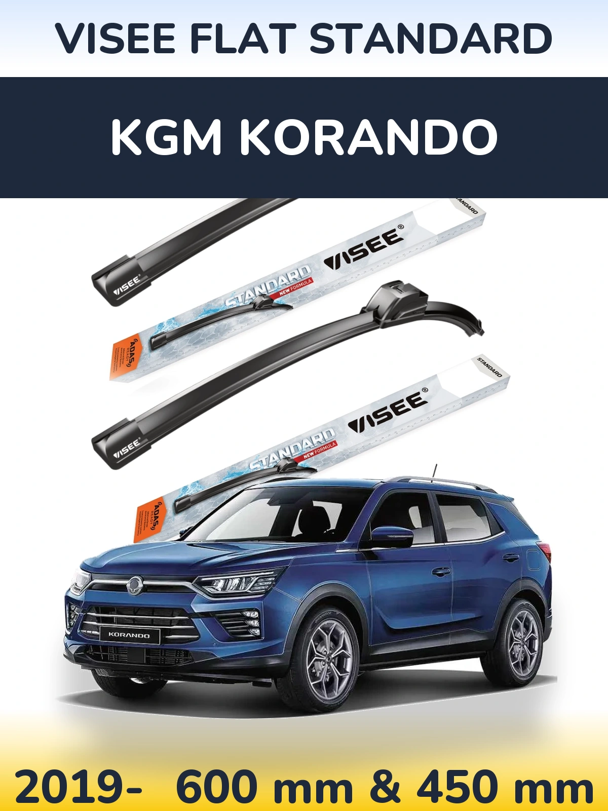 Front wiper blade set VISEE FLAT STANDARD 600 & 450 mm for KGM Korando 2019-2026