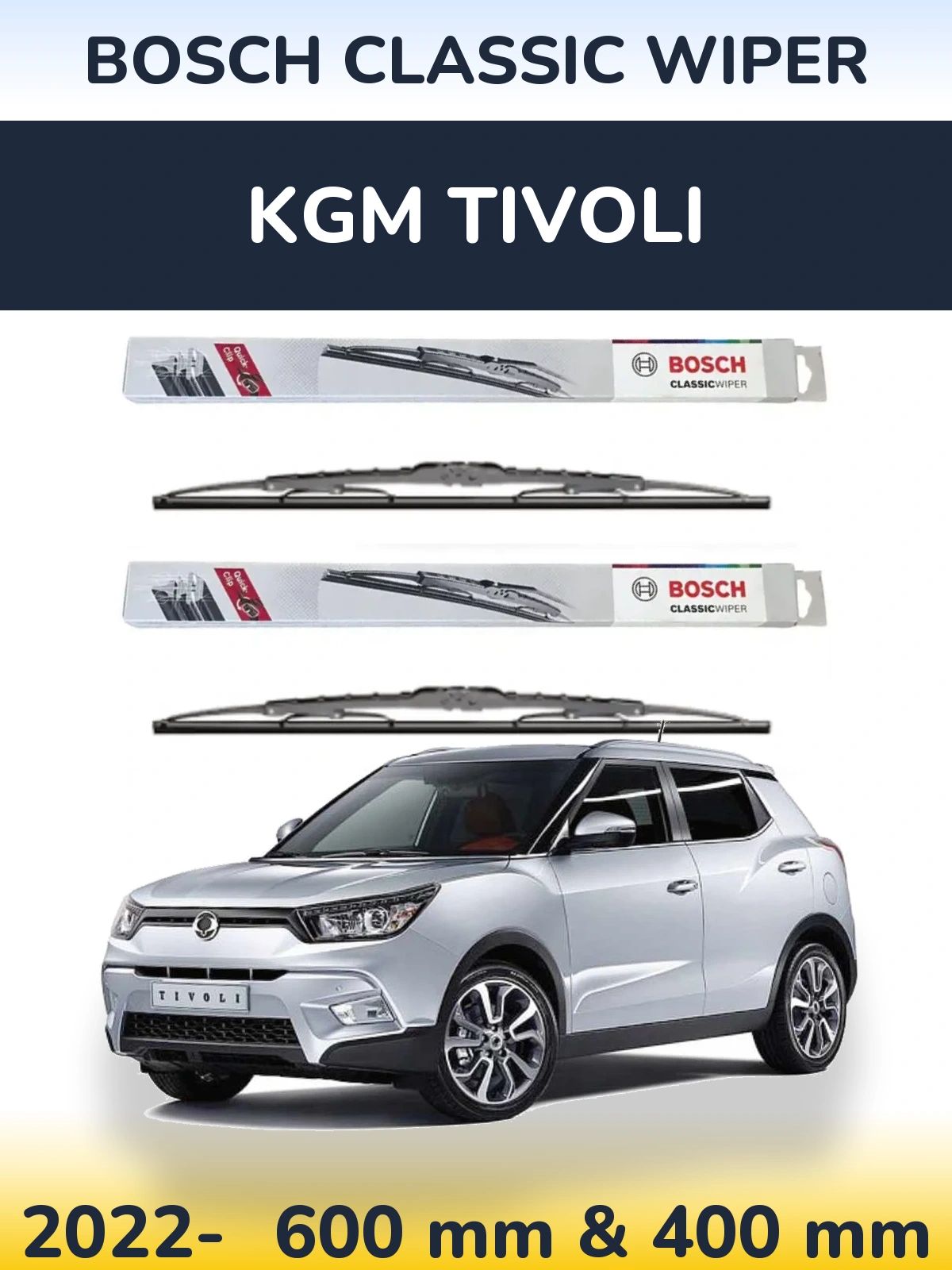 Front wiper blade set BOSCH Classic Wiper 600 & 400 mm for KGM Tivoli 2022-2026