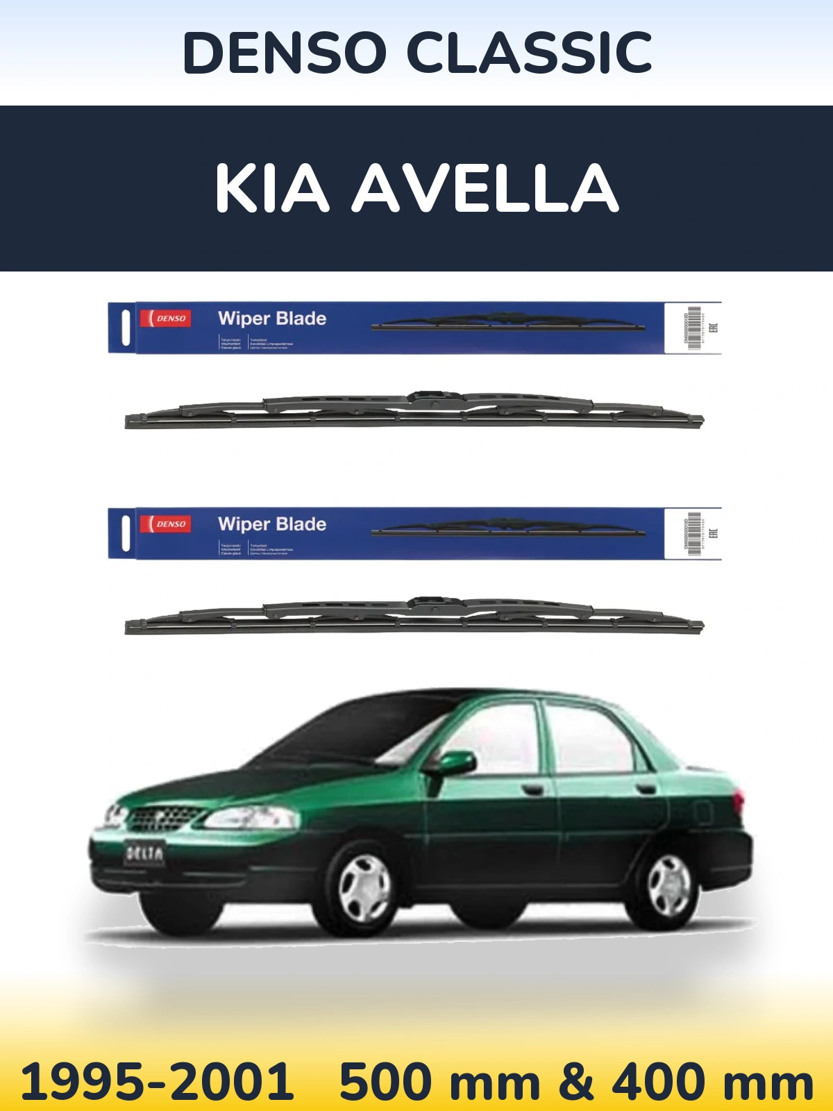 Front wiper blade set Denso Classic 500 & 400 mm for KIA Avella 1995-2001