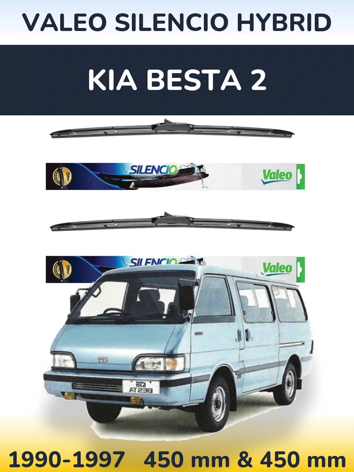 Front wiper blade set Valeo Silencio Hybrid 450 & 450 mm for KIA Besta 2 1990-1997