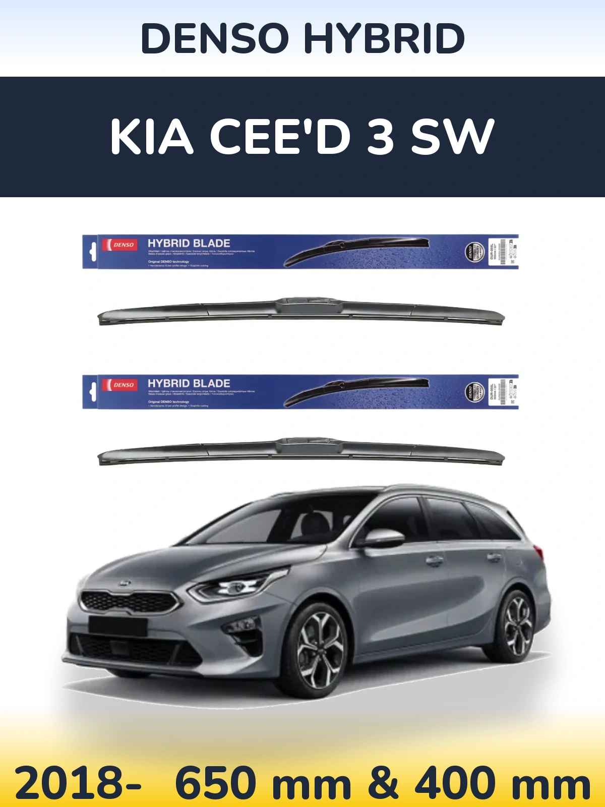 Front wiper blade set Denso Hybrid 650 & 400 mm for KIA Cee'd 3 SW 2018-2026