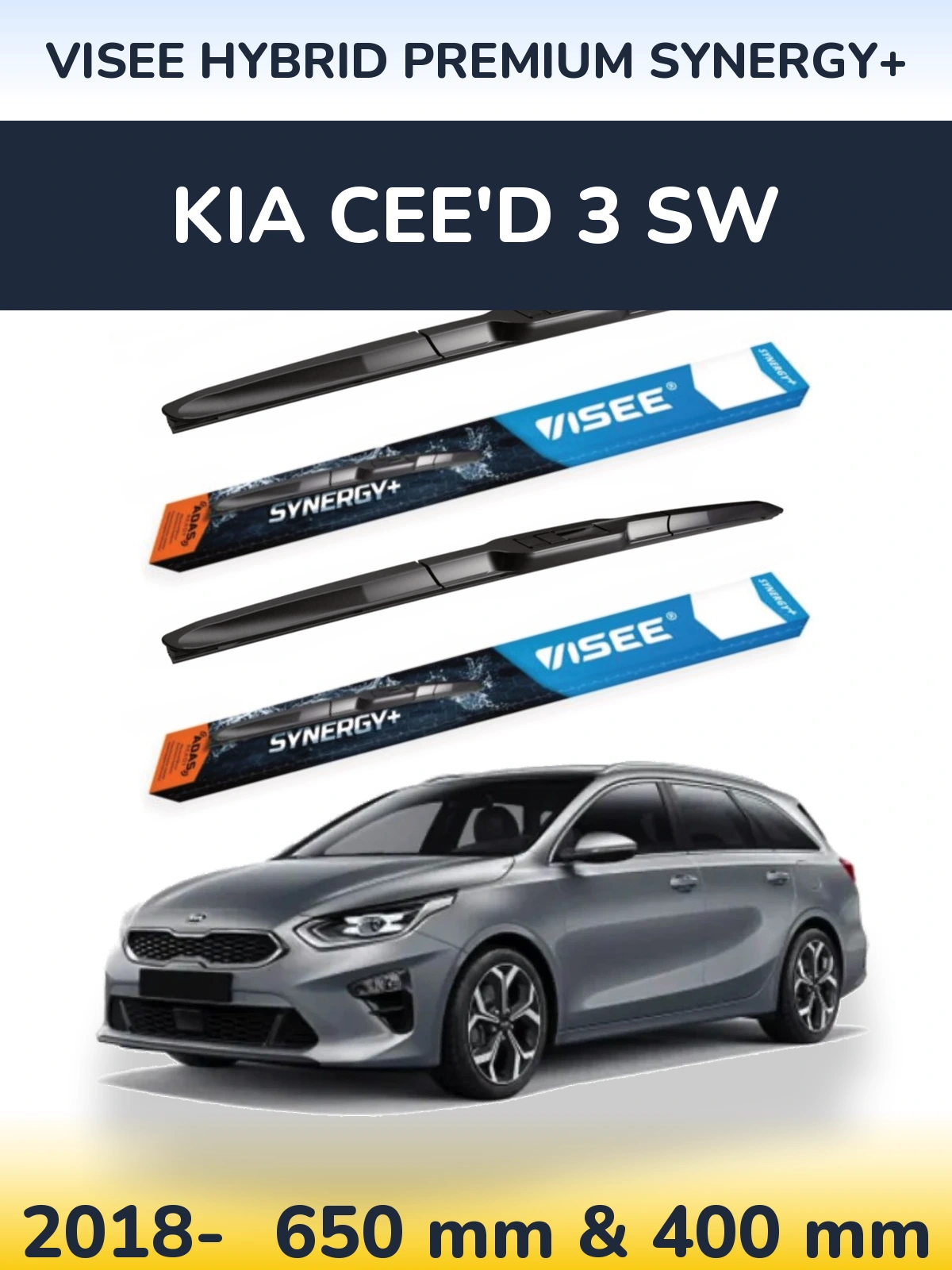 Front wiper blade set VISEE HYBRID PREMIUM SYNERGY+ 650 & 400 mm for KIA Cee'd 3 SW 2018-2026
