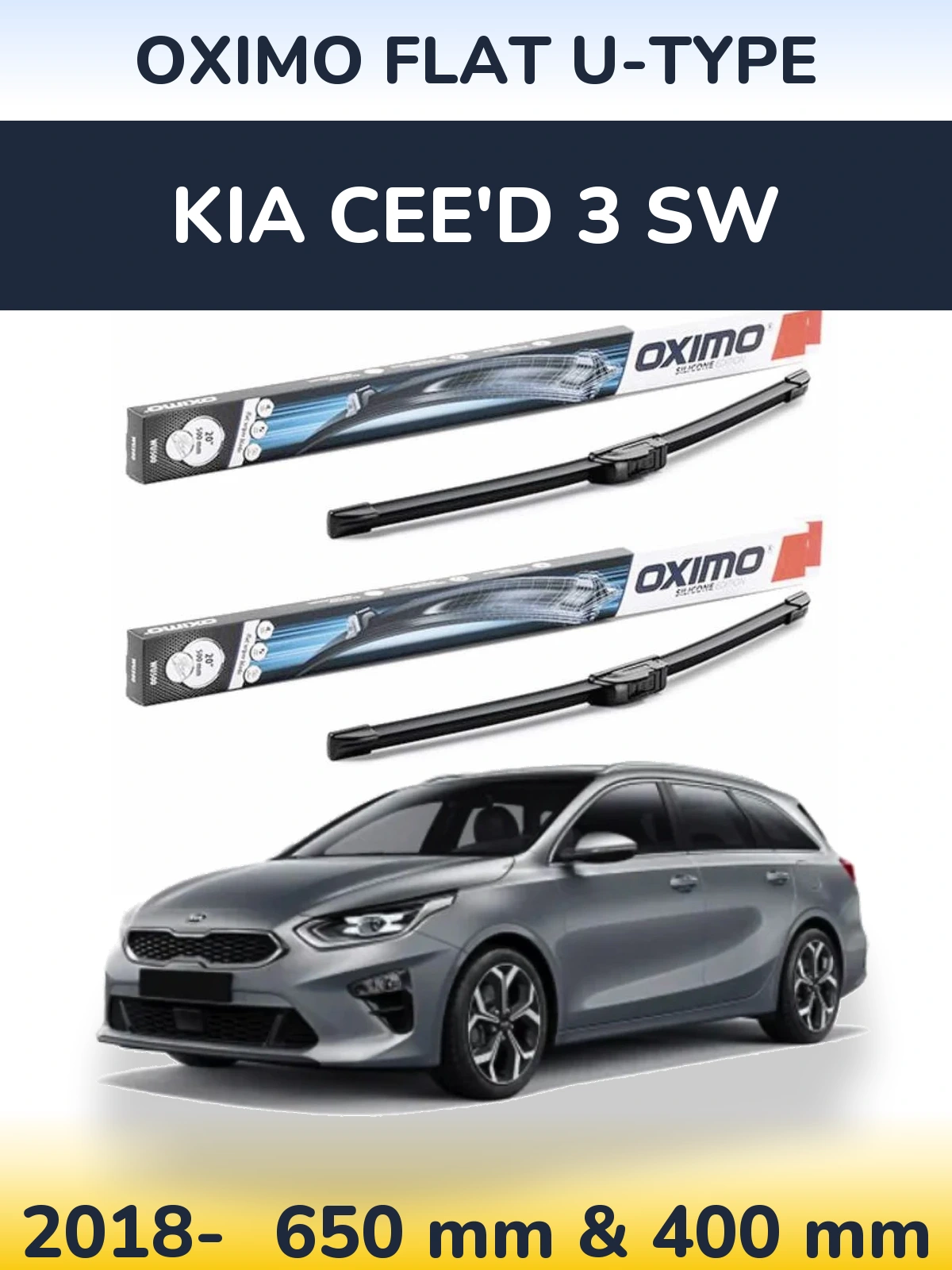 Front wiper blade set Oximo Flat U-type 650 & 400 mm for KIA Cee'd 3 SW 2018-2026