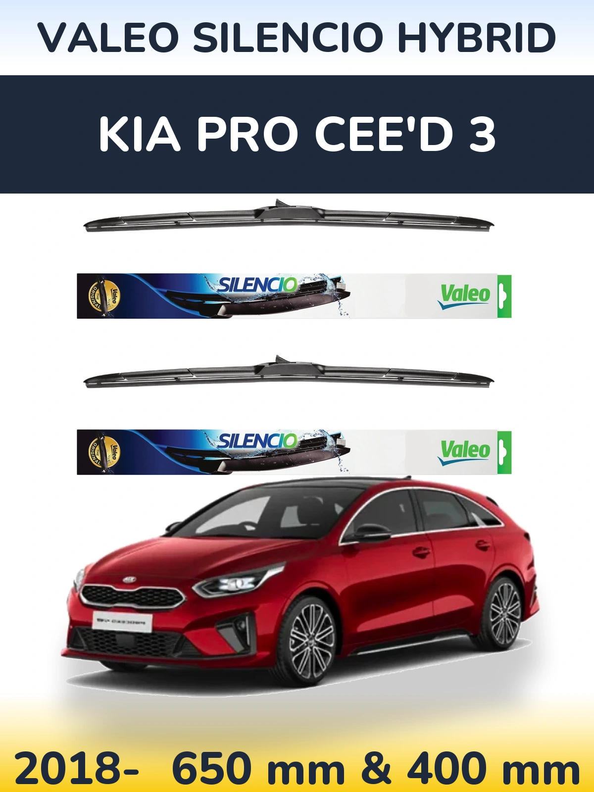 Front wiper blade set Valeo Silencio Hybrid 650 & 400 mm for KIA Pro Cee'd 3 2018-2026