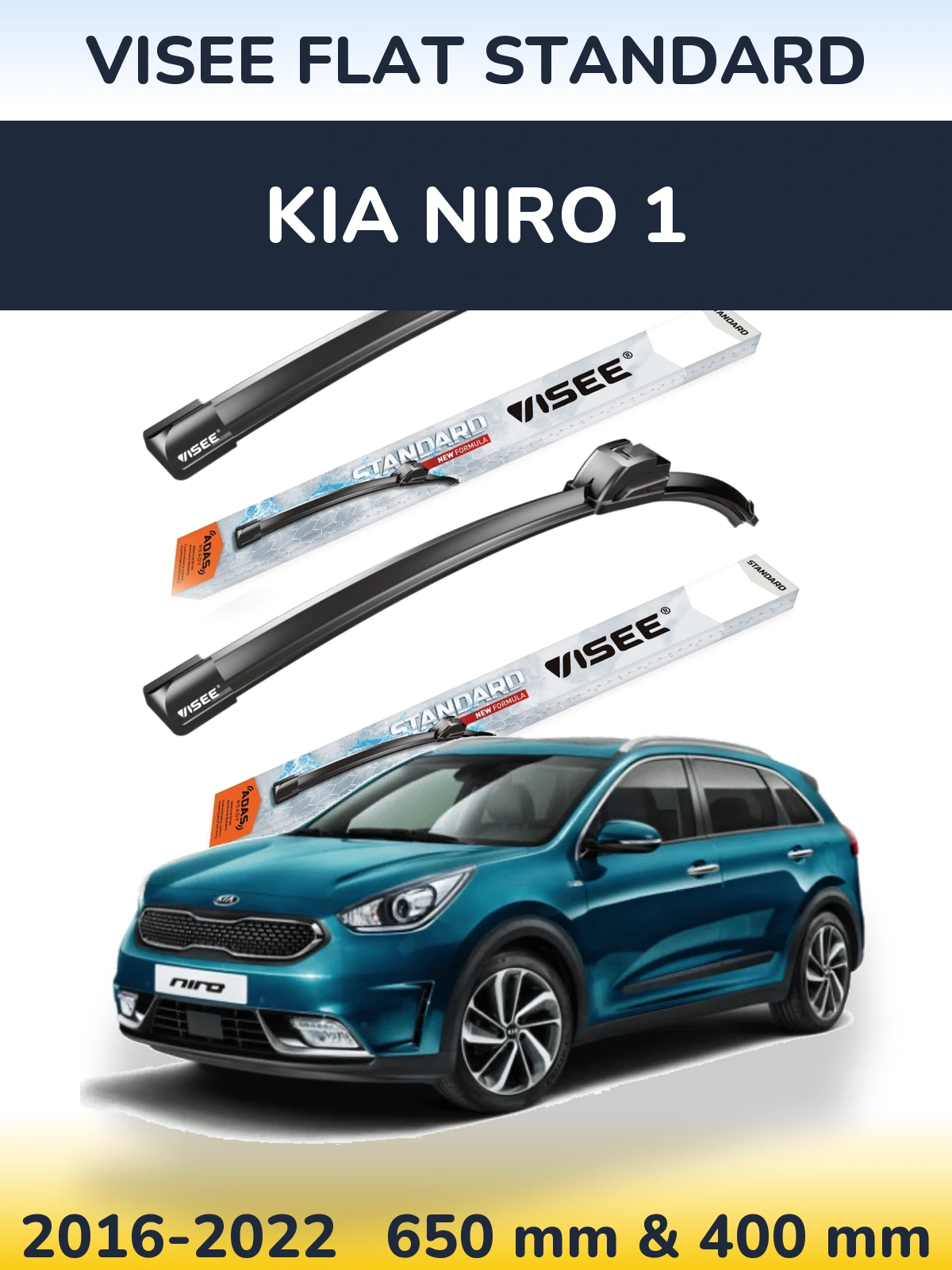 Front wiper blade set VISEE FLAT STANDARD 650 & 400 mm for KIA Niro 1 2016-2022