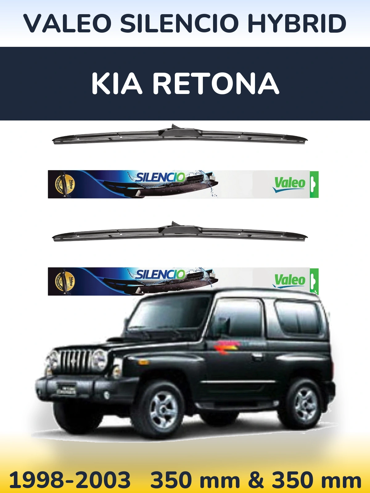 Front wiper blade set Valeo Silencio Hybrid 350 & 350 mm for KIA Retona 1998-2003
