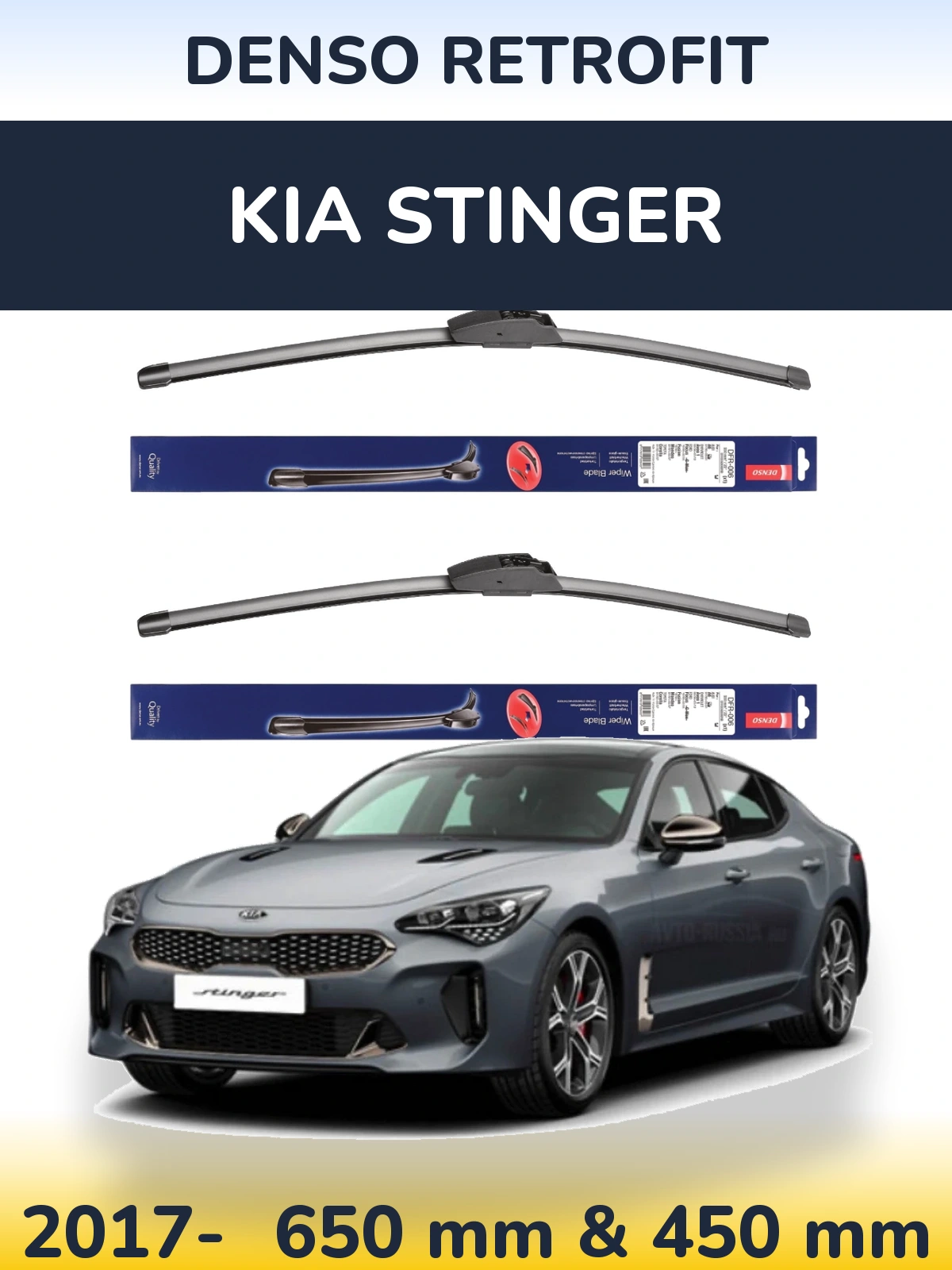 Front wiper blade set Denso Retrofit 650 & 450 mm for KIA Stinger 2017-2026