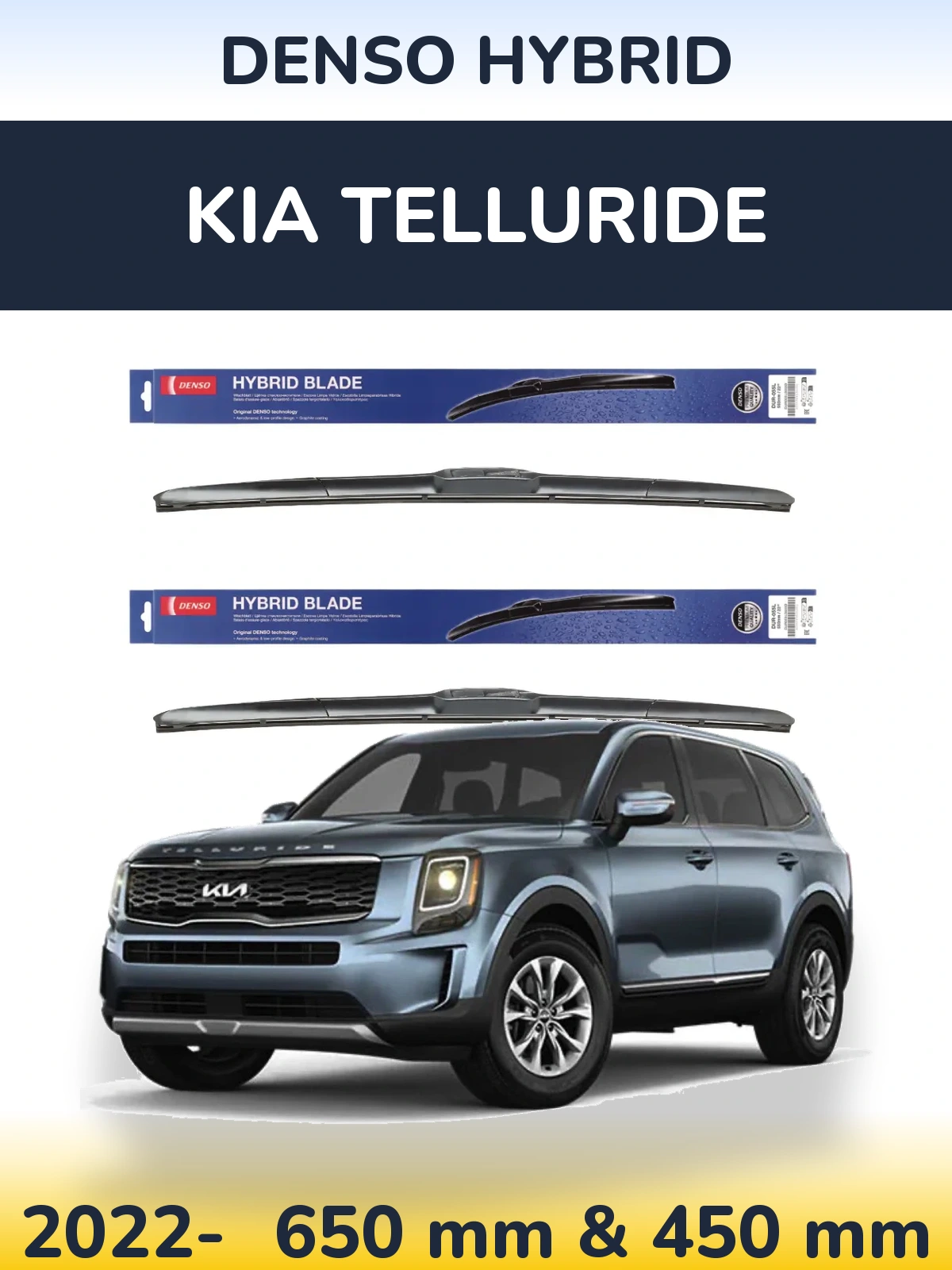 Front wiper blade set Denso Hybrid 650 & 450 mm for KIA Telluride 2022-2026