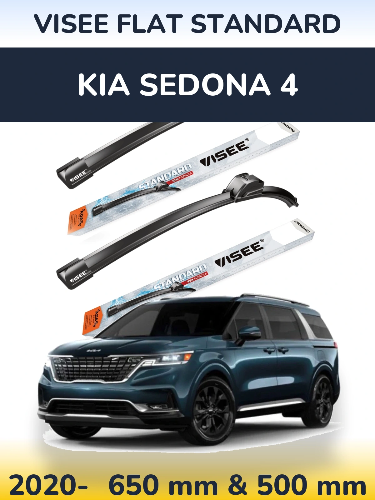 Front wiper blade set VISEE FLAT STANDARD 650 & 500 mm for KIA Sedona 4 2020-2026