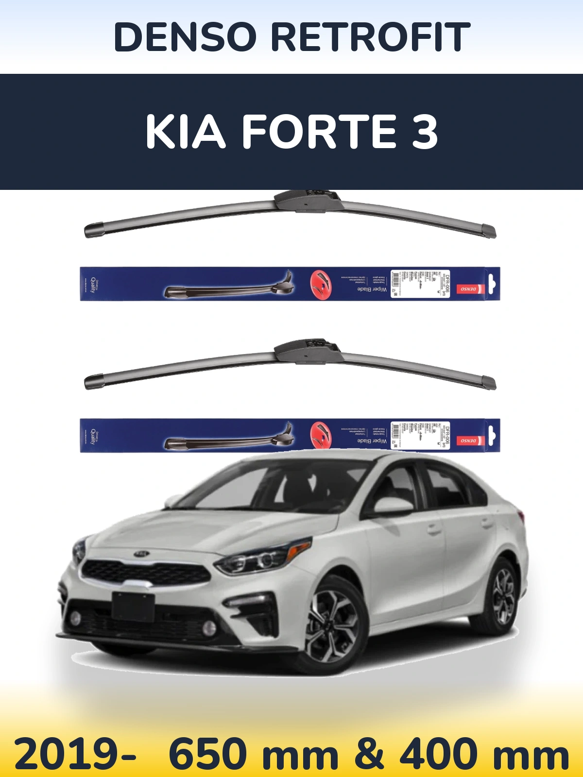 Front wiper blade set Denso Retrofit 650 & 400 mm for KIA Forte 3 2019-2026