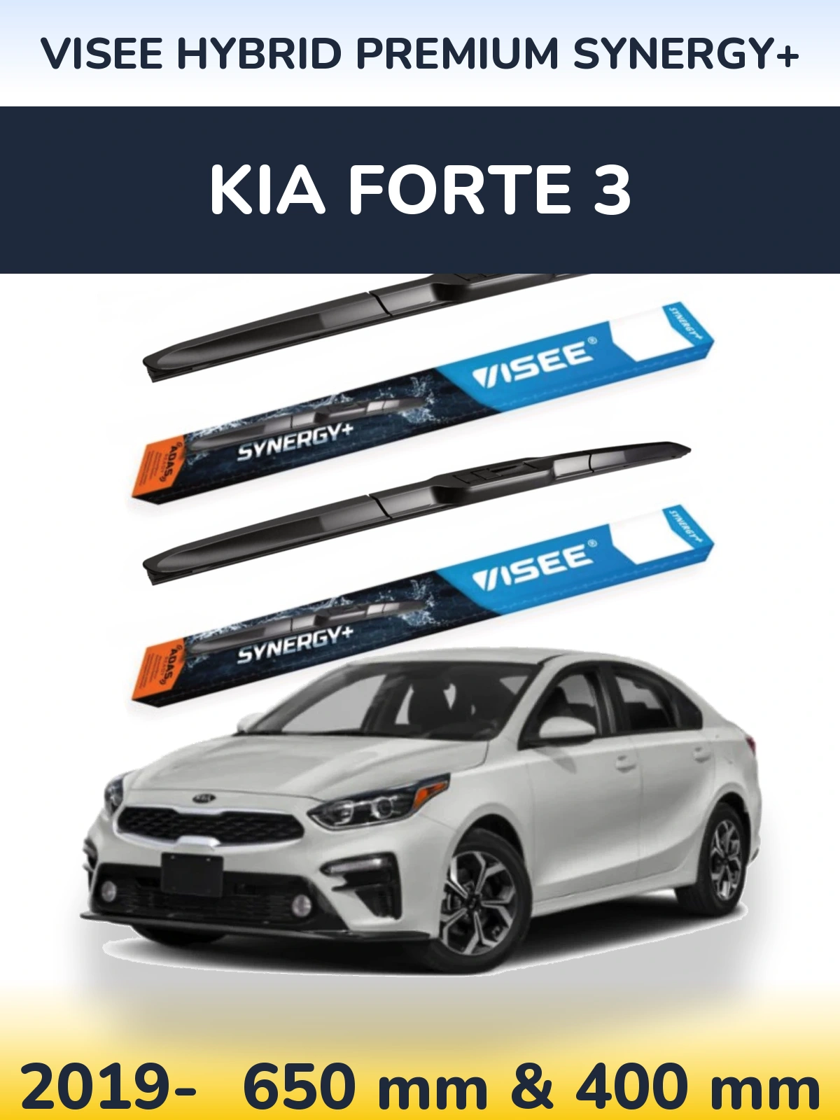 Front wiper blade set VISEE HYBRID PREMIUM SYNERGY+ 650 & 400 mm for KIA Forte 3 2019-2026