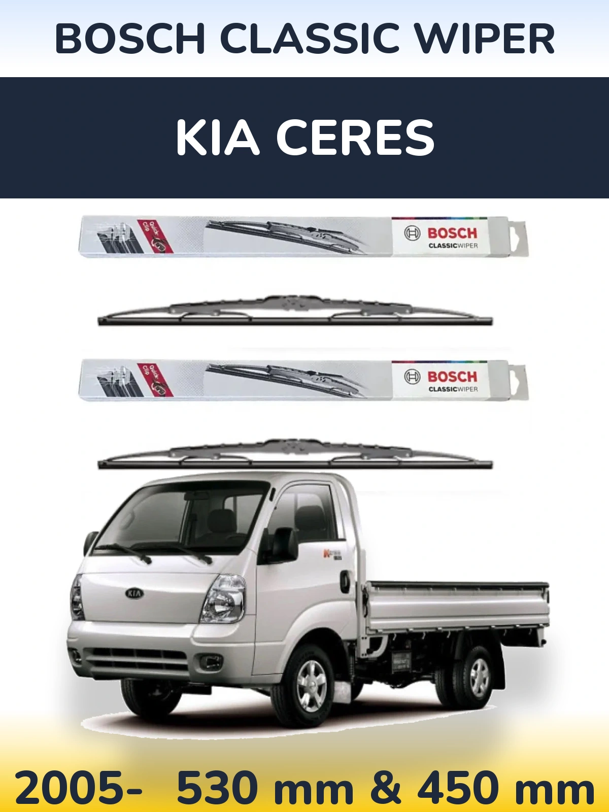 Front wiper blade set BOSCH Classic Wiper 530 & 450 mm for KIA Ceres 2005-2026