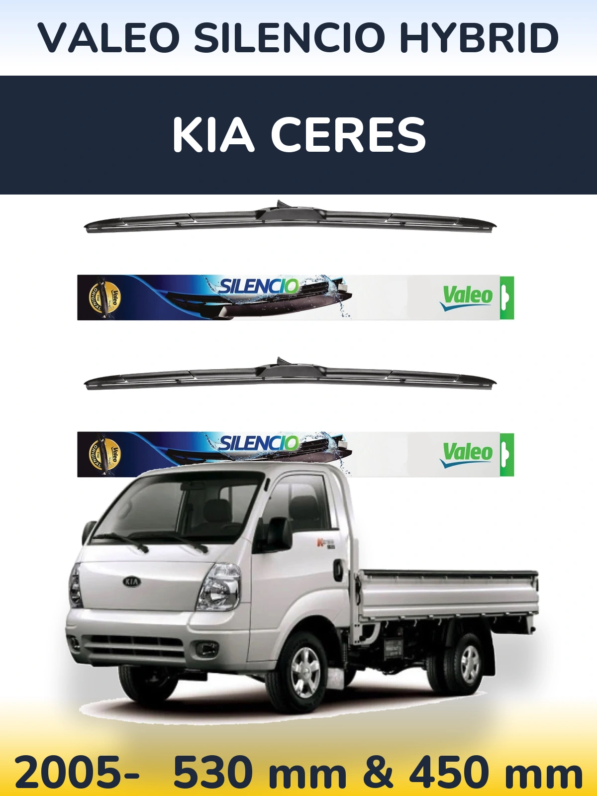 Front wiper blade set Valeo Silencio Hybrid 530 & 450 mm for KIA Ceres 2005-2026
