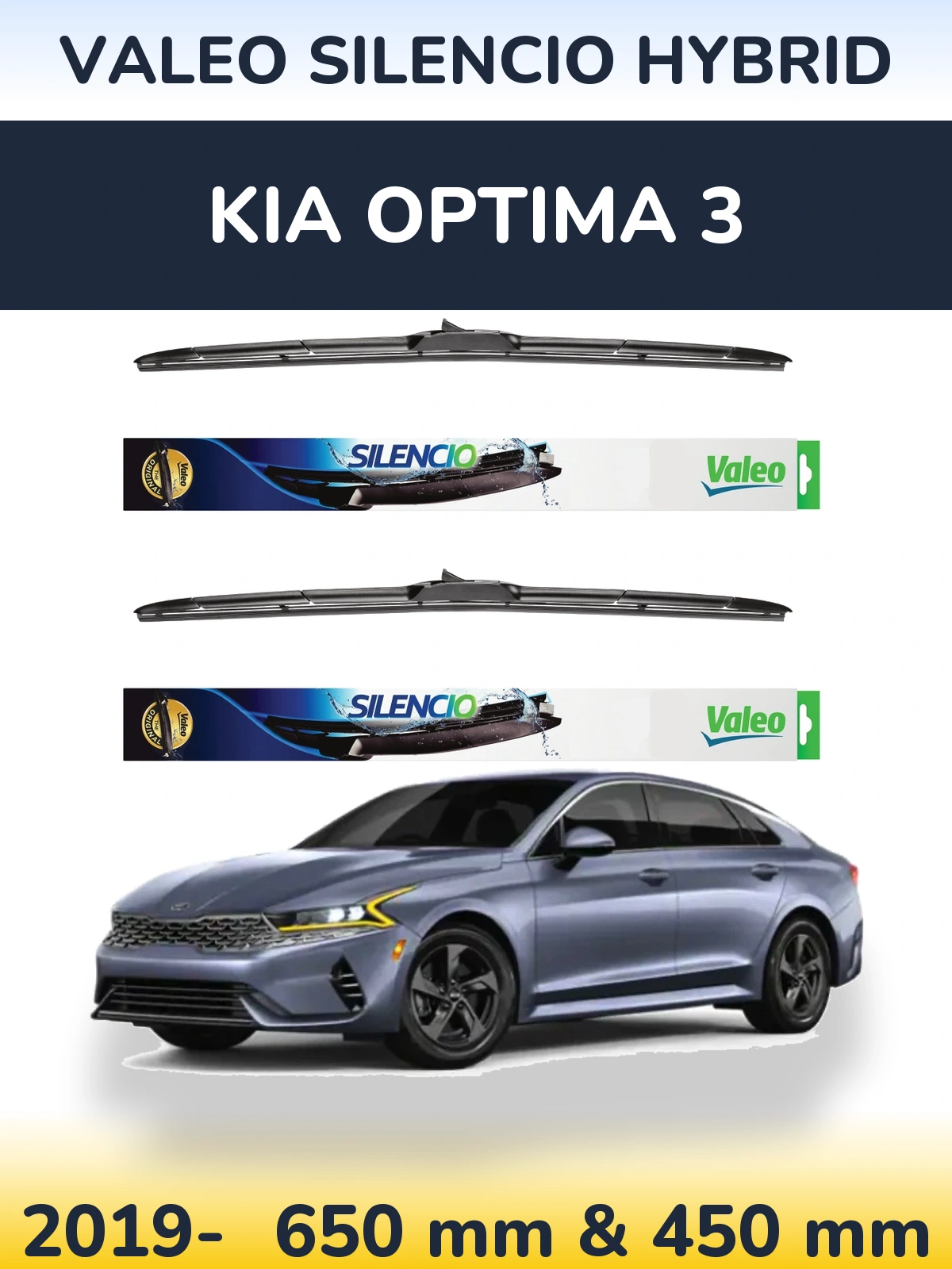 Front wiper blade set Valeo Silencio Hybrid 650 & 450 mm for KIA Optima 3 2019-2026