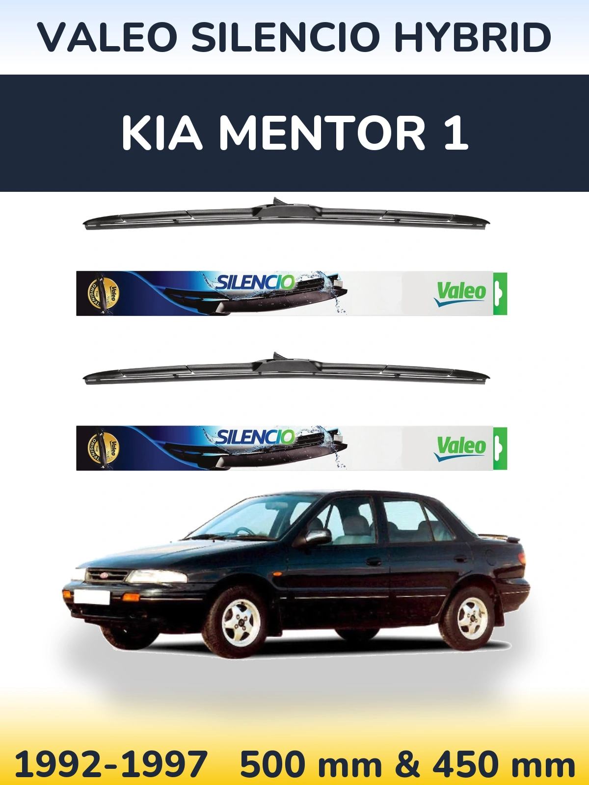 Front wiper blade set Valeo Silencio Hybrid 500 & 450 mm for KIA Mentor 1 1992-1997