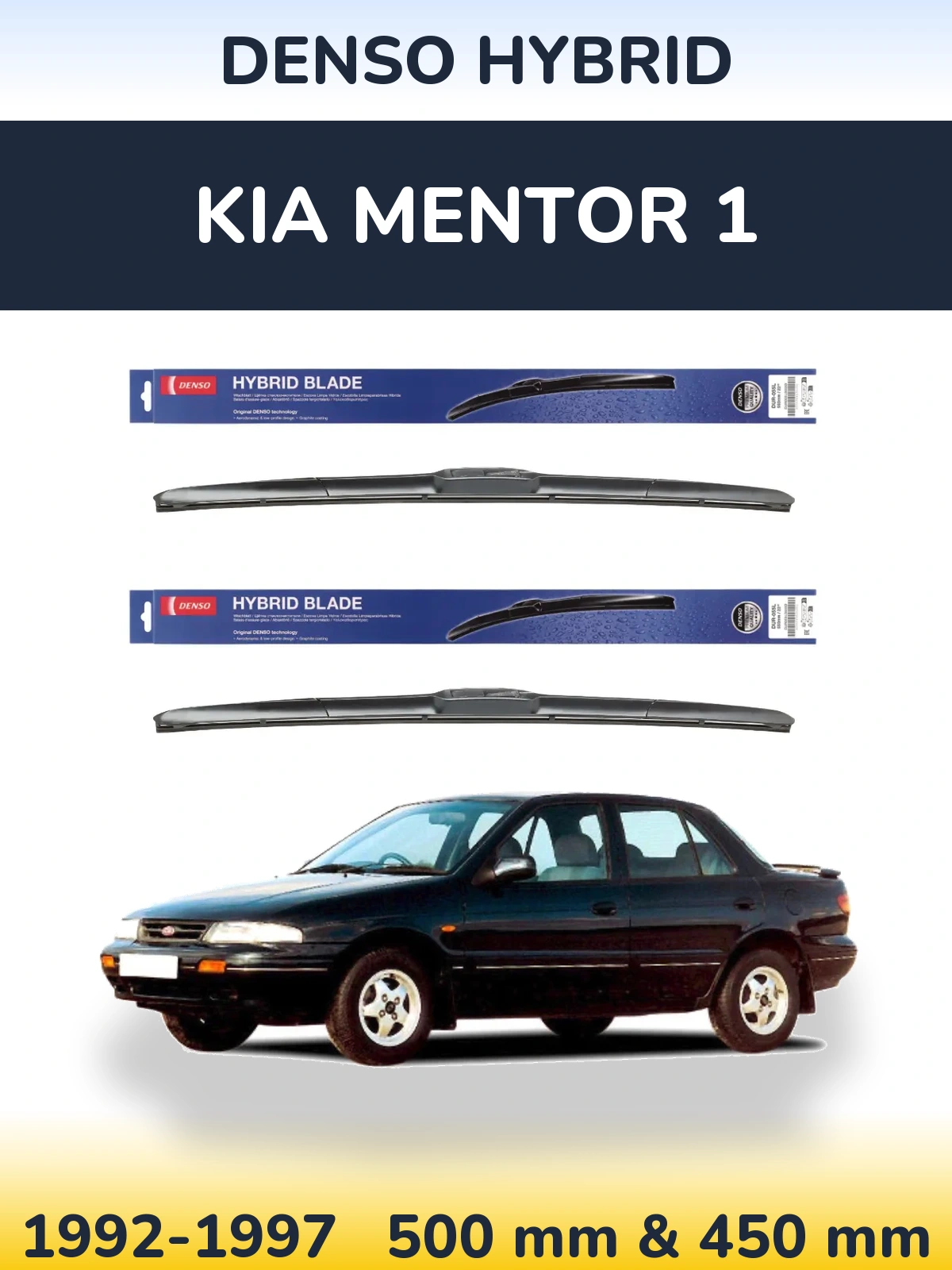 Front wiper blade set Denso Hybrid 500 & 450 mm for KIA Mentor 1 1992-1997