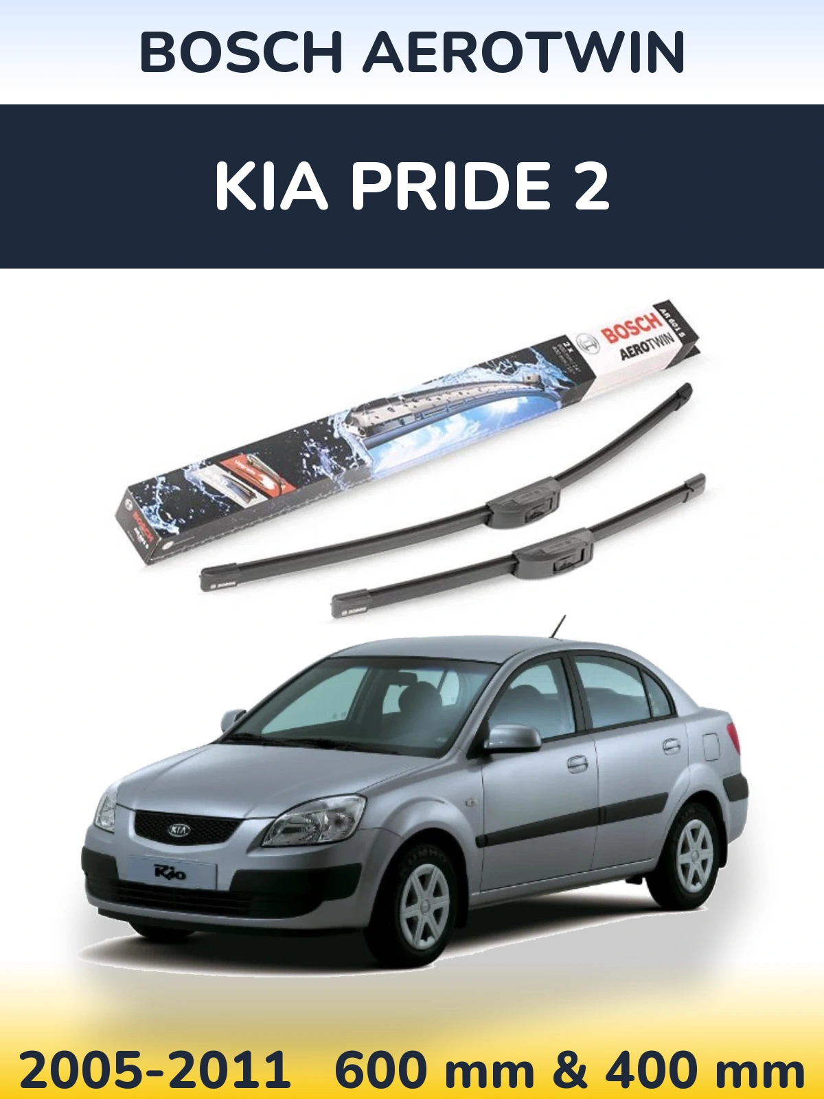 Front wiper blade set BOSCH AeroTwin 600 & 400 mm for KIA Pride 2 2005-2011