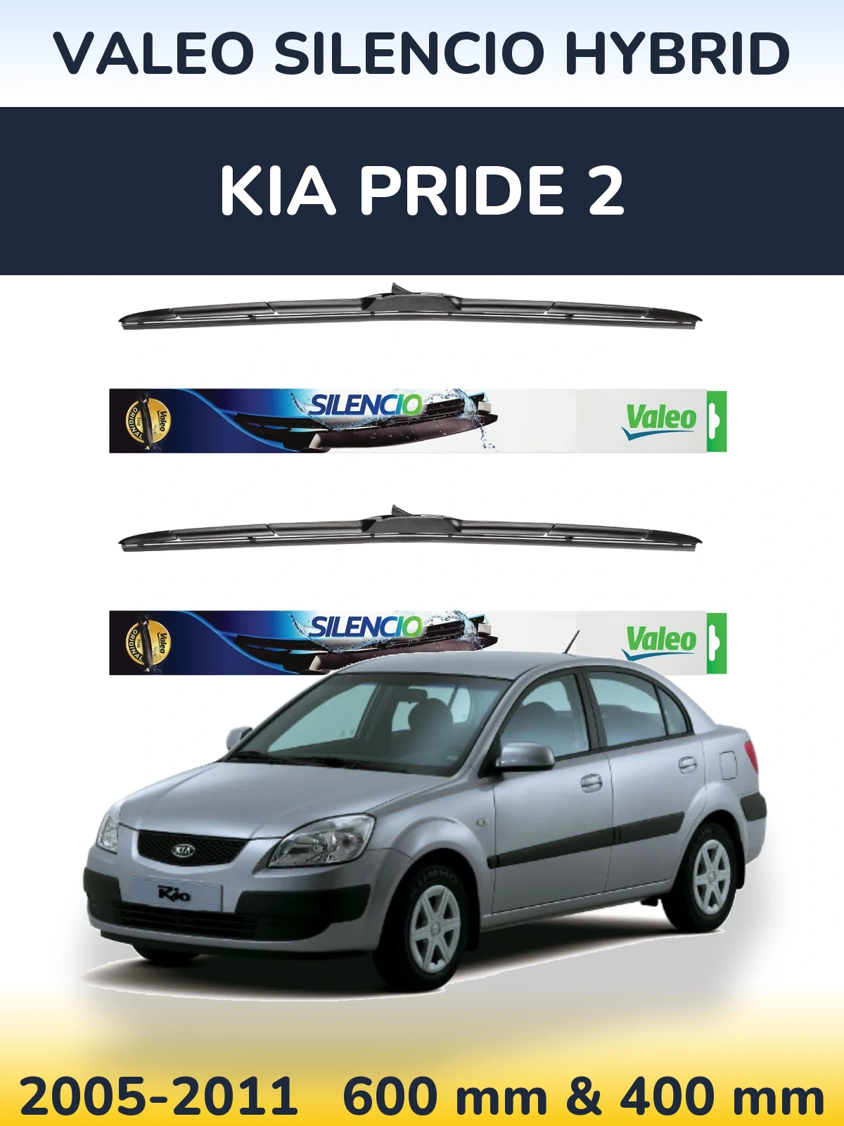 Front wiper blade set Valeo Silencio Hybrid 600 & 400 mm for KIA Pride 2 2005-2011