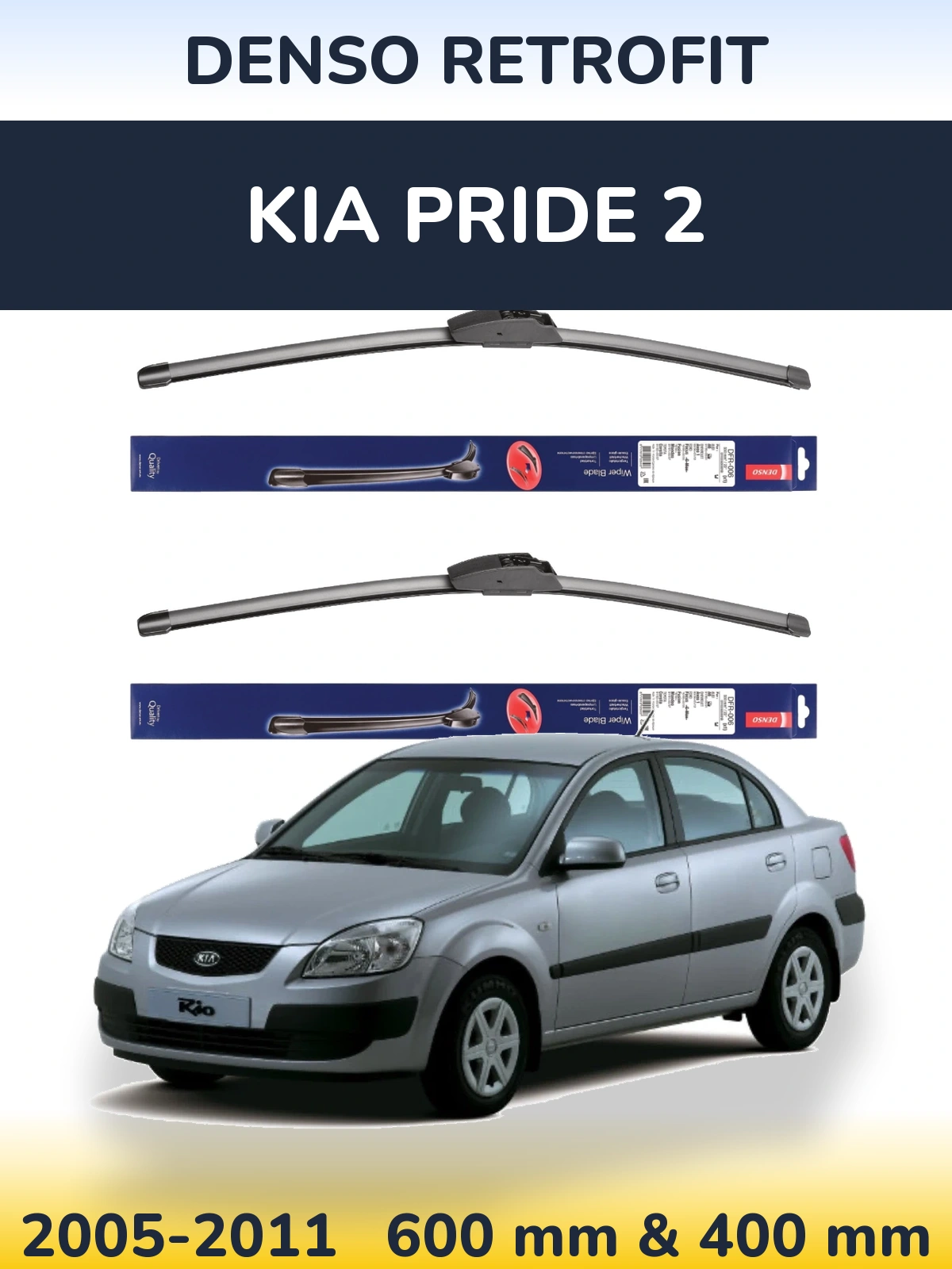 Front wiper blade set Denso Retrofit 600 & 400 mm for KIA Pride 2 2005-2011