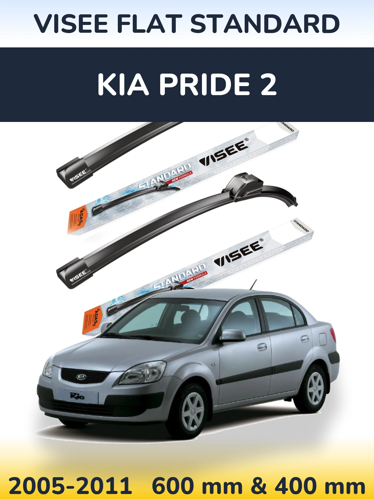 Front wiper blade set VISEE FLAT STANDARD 600 & 400 mm for KIA Pride 2 2005-2011