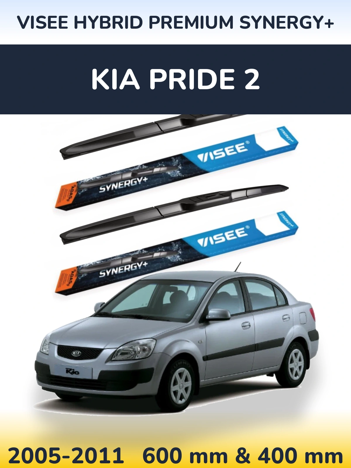 Front wiper blade set VISEE HYBRID PREMIUM SYNERGY+ 600 & 400 mm for KIA Pride 2 2005-2011