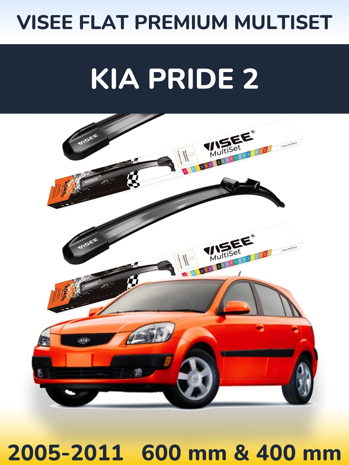 Front wiper blade set VISEE FLAT PREMIUM MultiSet 600 & 400 mm for KIA Pride 2 2005-2011