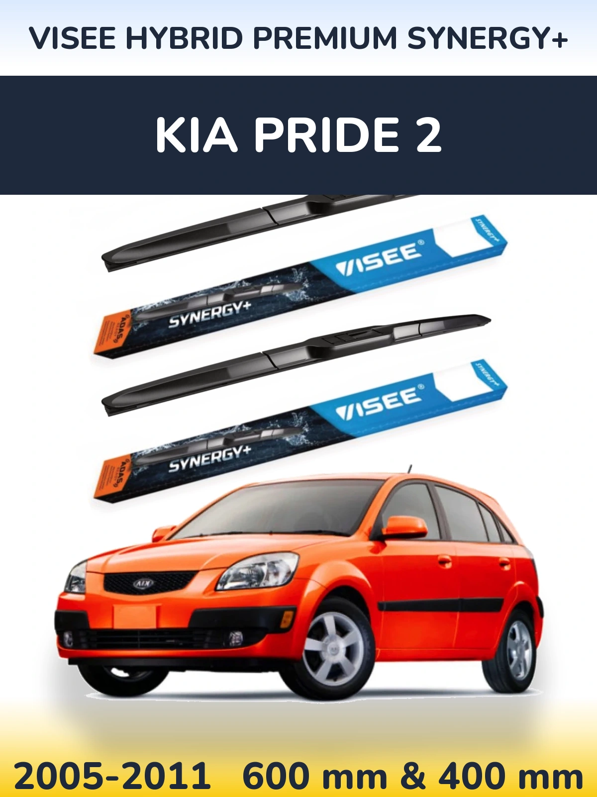 Front wiper blade set VISEE HYBRID PREMIUM SYNERGY+ 600 & 400 mm for KIA Pride 2 2005-2011