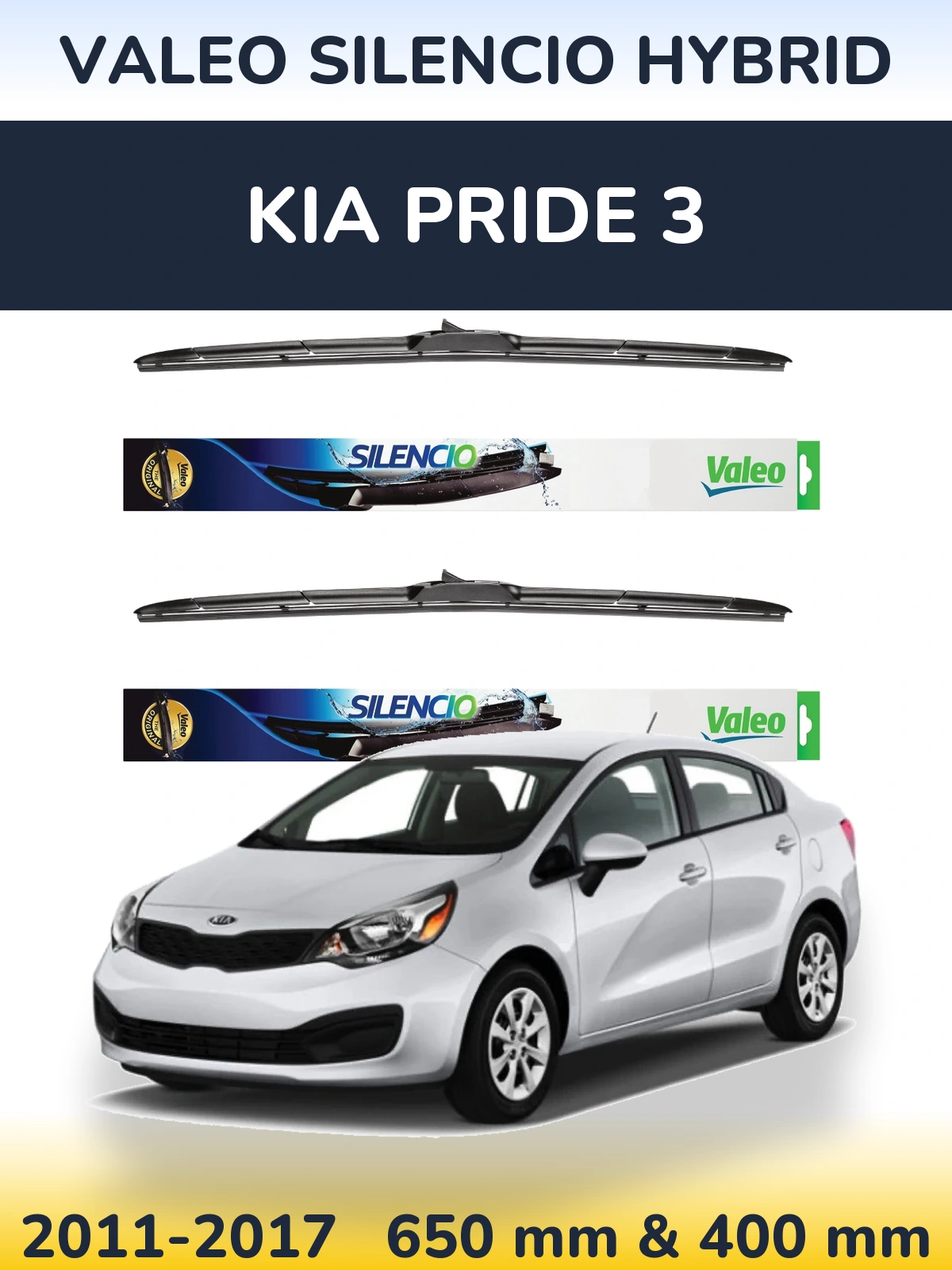 Front wiper blade set Valeo Silencio Hybrid 650 & 400 mm for KIA Pride 3 2011-2017