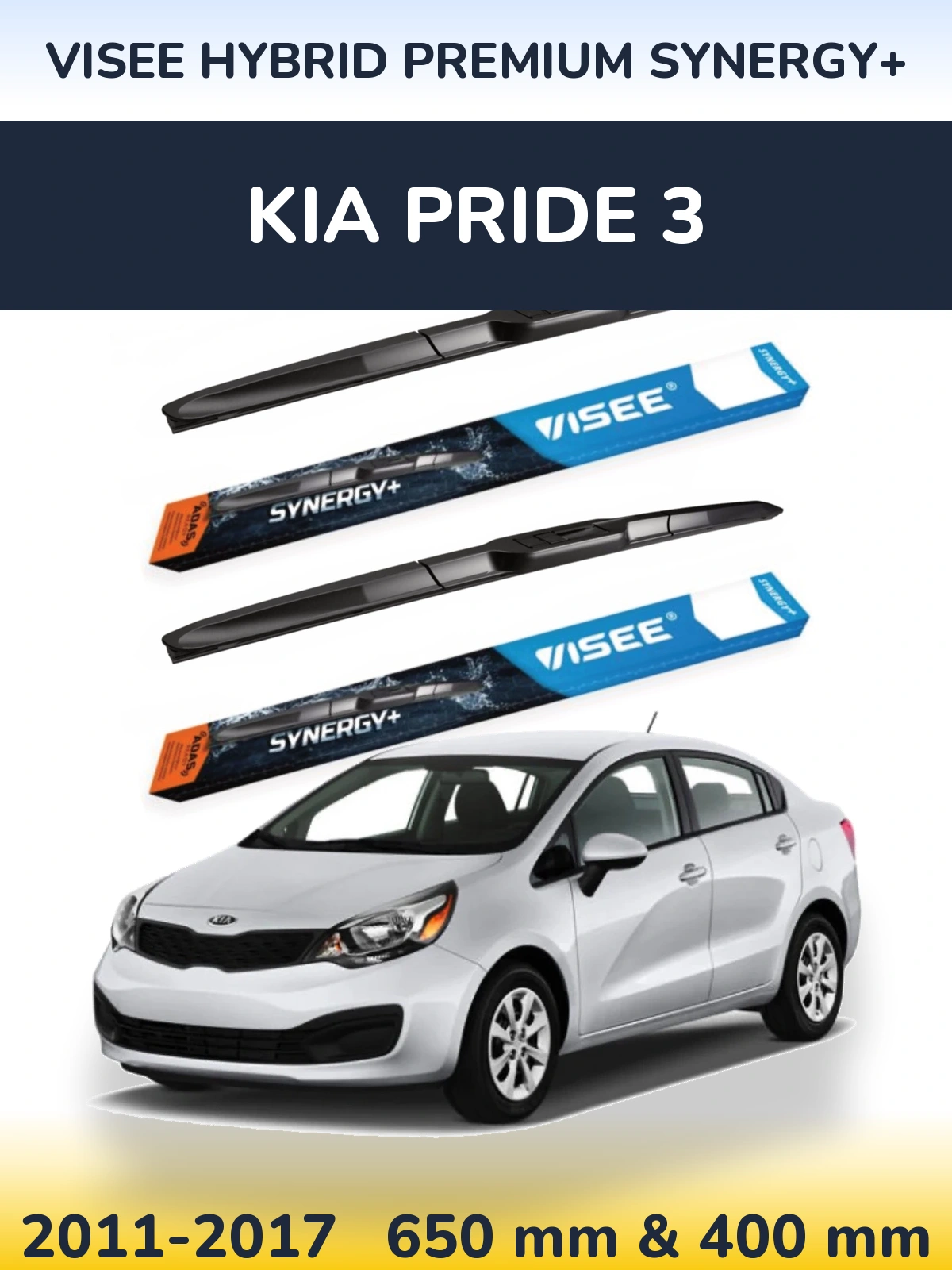 Front wiper blade set VISEE HYBRID PREMIUM SYNERGY+ 650 & 400 mm for KIA Pride 3 2011-2017