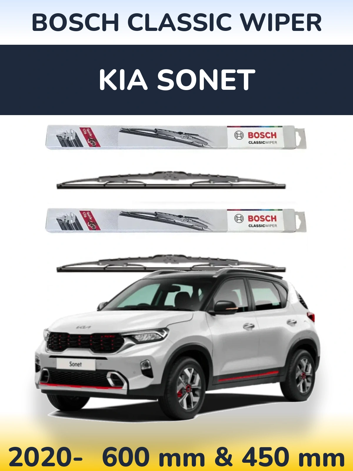 Front wiper blade set BOSCH Classic Wiper 600 & 450 mm for KIA Sonet 2020-2026