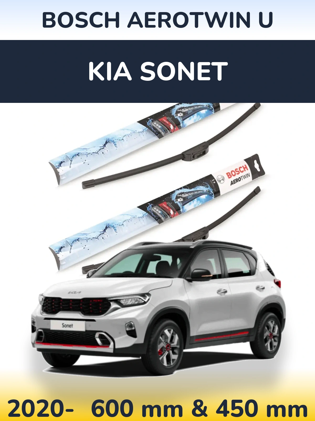 Комплект передних дворников BOSCH AeroTwin U 600 & 450 мм для KIA Sonet 2020-2026