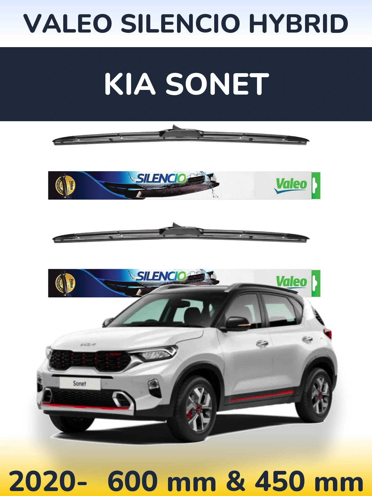 Front wiper blade set Valeo Silencio Hybrid 600 & 450 mm for KIA Sonet 2020-2026