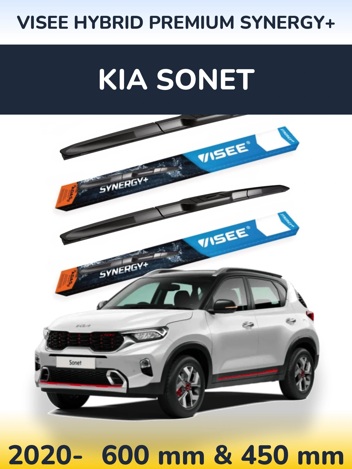 Front wiper blade set VISEE HYBRID PREMIUM SYNERGY+ 600 & 450 mm for KIA Sonet 2020-2026