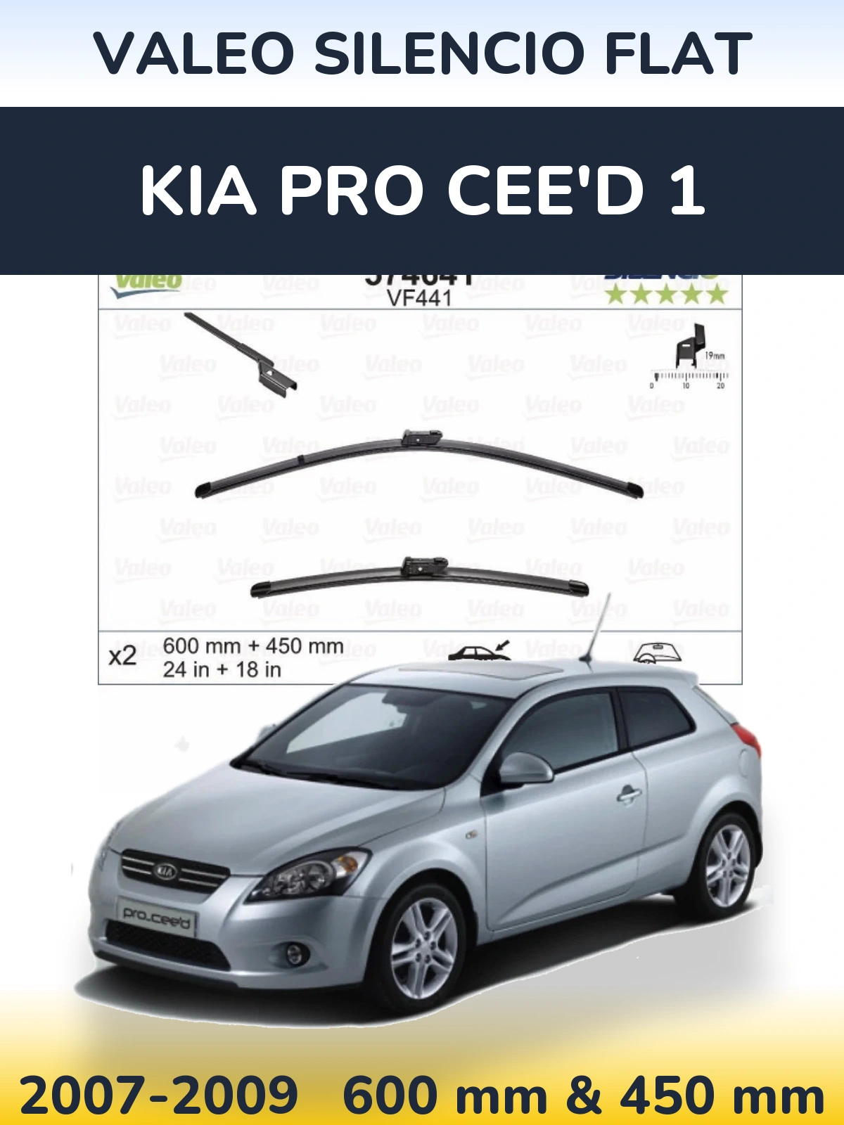 Front wiper blade set Valeo Silencio Flat 600 & 450 mm for KIA Pro Cee'd 1 2007-2009